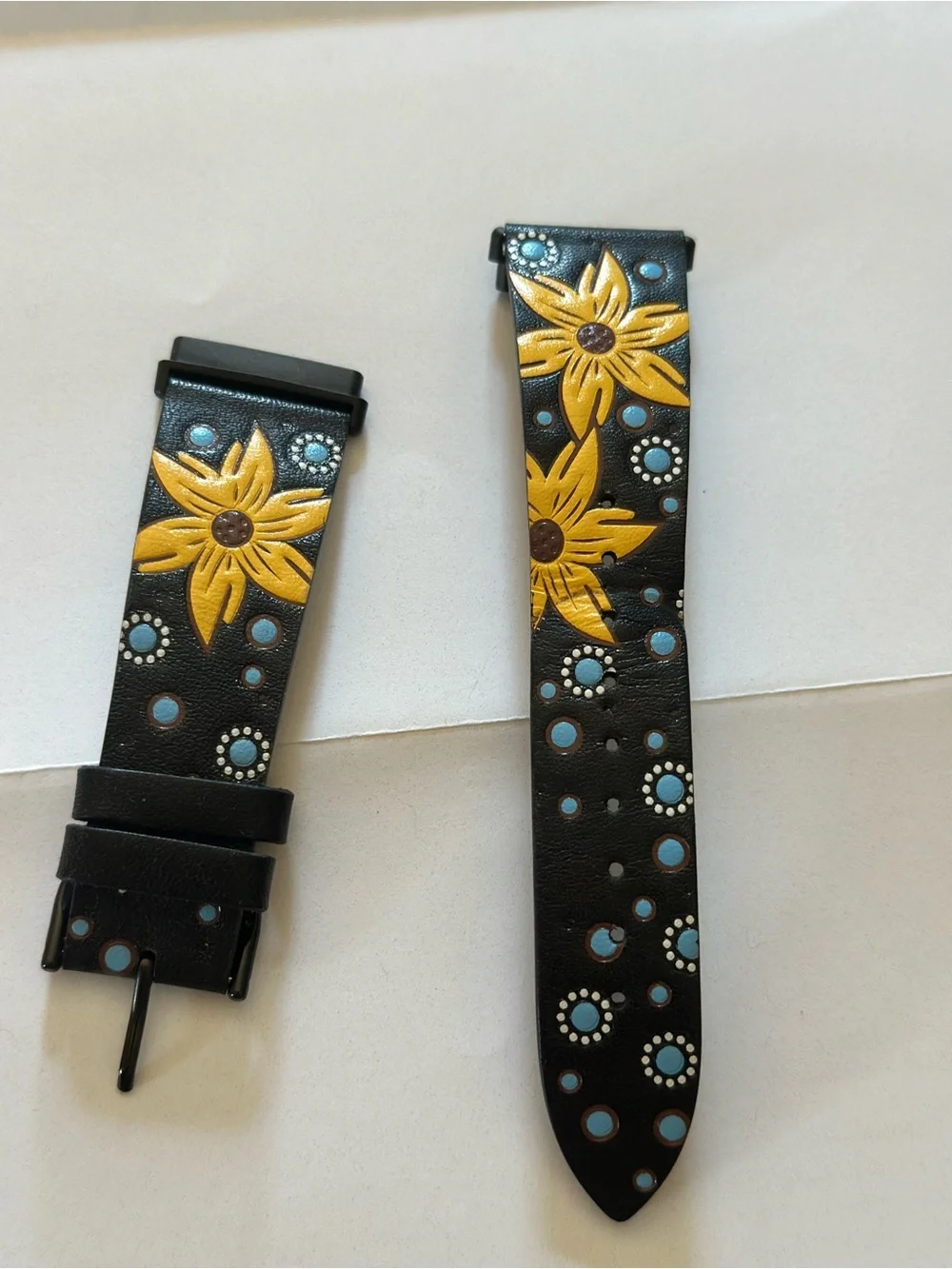 Fitbit Versa 3/4 Sense Genuine Leather Sunflower Watch Band Boho Western Black